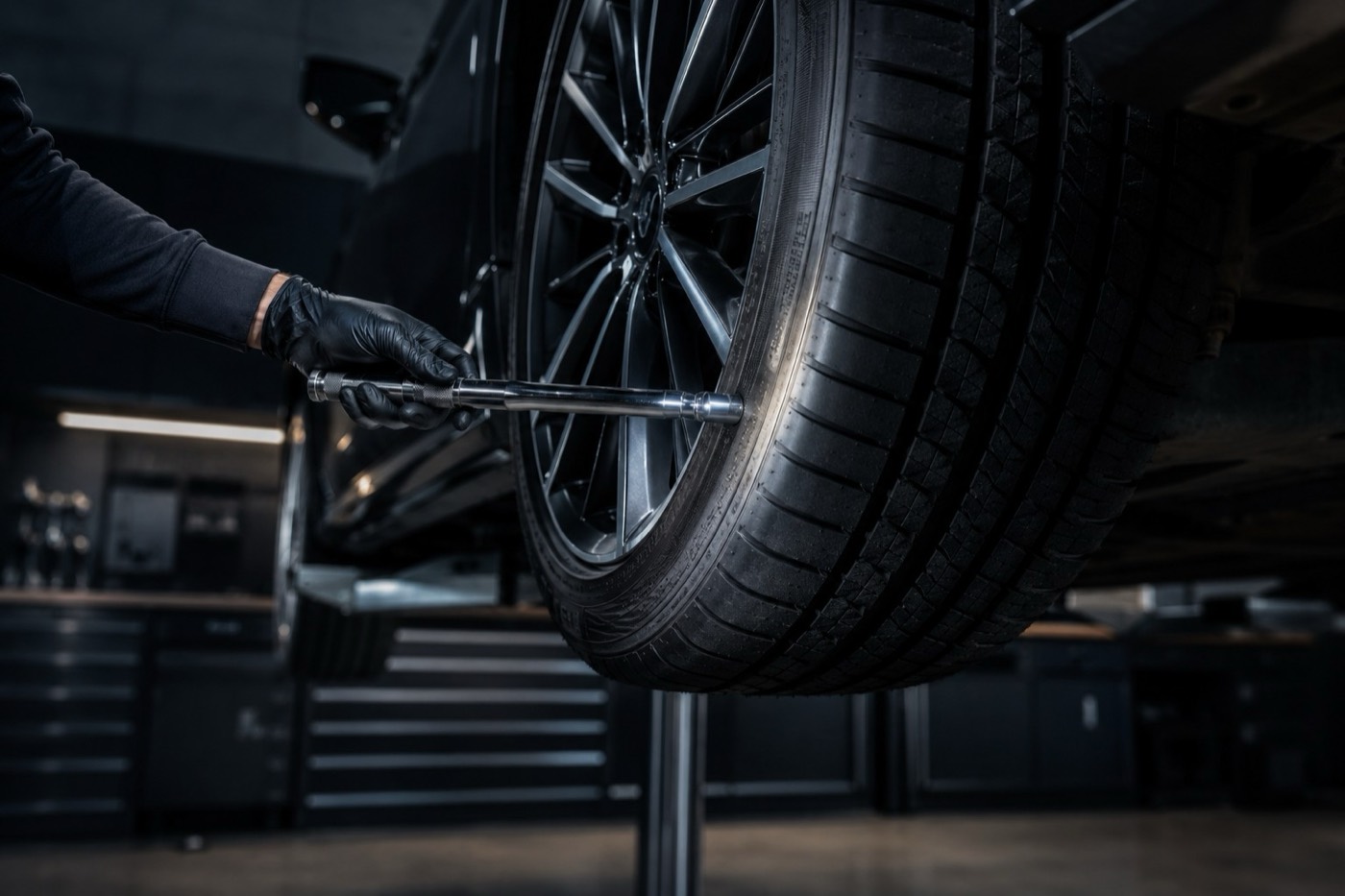 Technician inspecting a tyre sidewall
